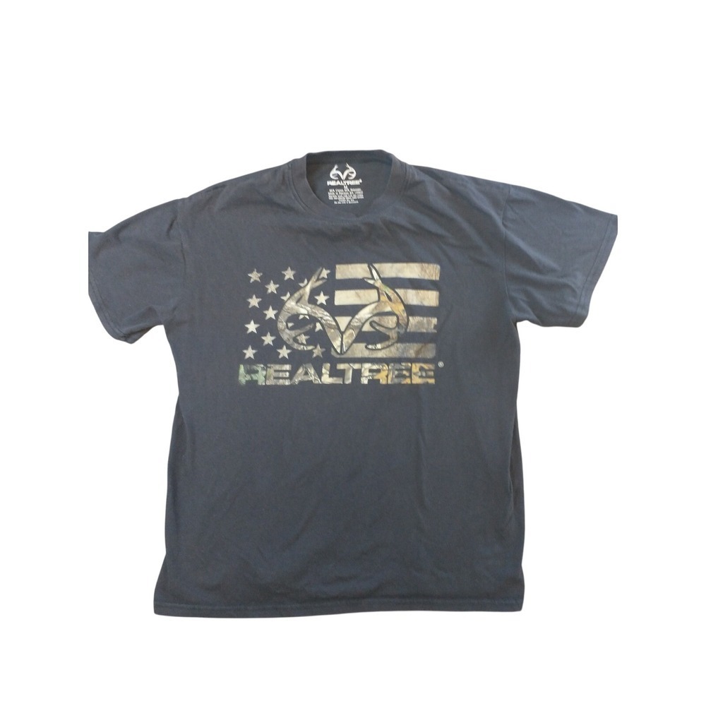 Realtree Mens Black Graphic T-Shirt American Flag Camo Antler Logo Size M
